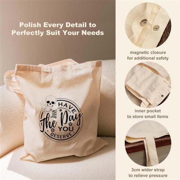 Tote Bag for Women with Pocket & Snaps, Cute Canvas Totes Bag - Picture 3 of 6